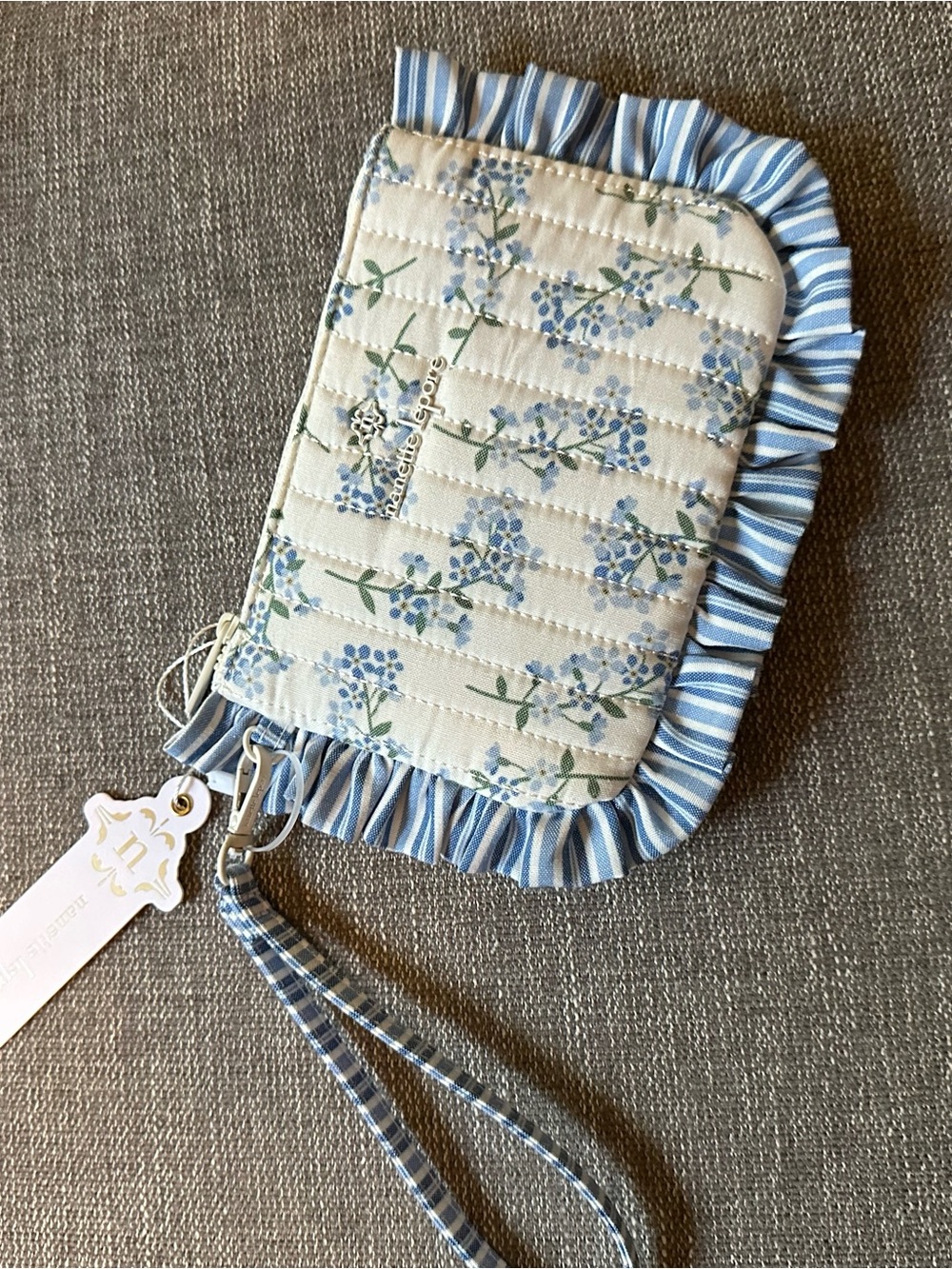 Nanette Lepore Blue Bonnets Quilted Wristlet with Blue Striped Ruffle